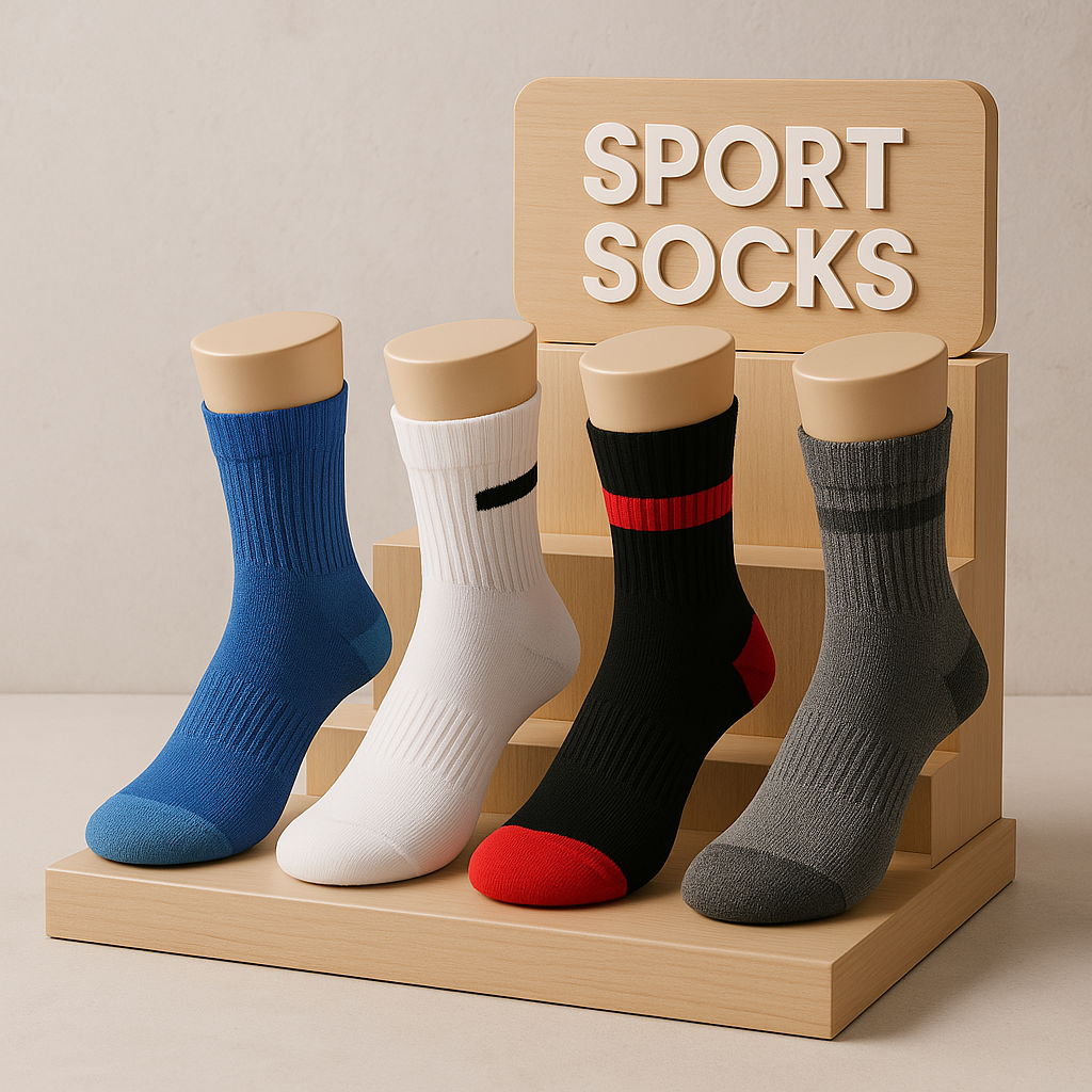 Expositor de calcetines deportivos fabricados en Pradoluengo, Burgos.