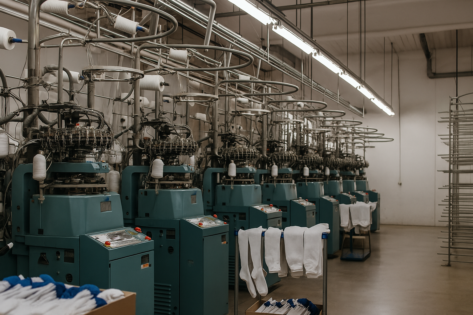 Máquinas de fábrica de calcetines en Pradoluengo, producción textil de calidad en Burgos.