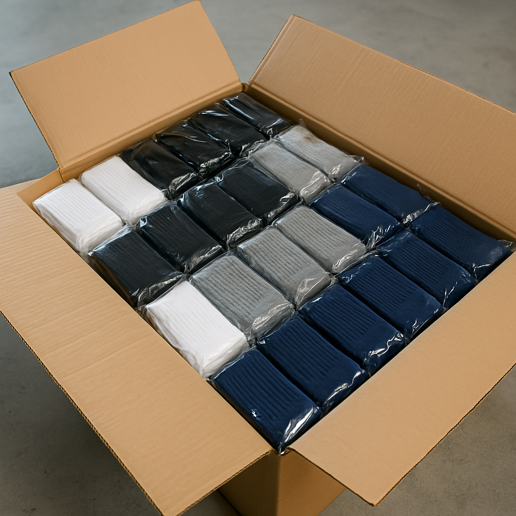 Caja de calcetines empaquetados de fábrica en Pradoluengo, Burgos.