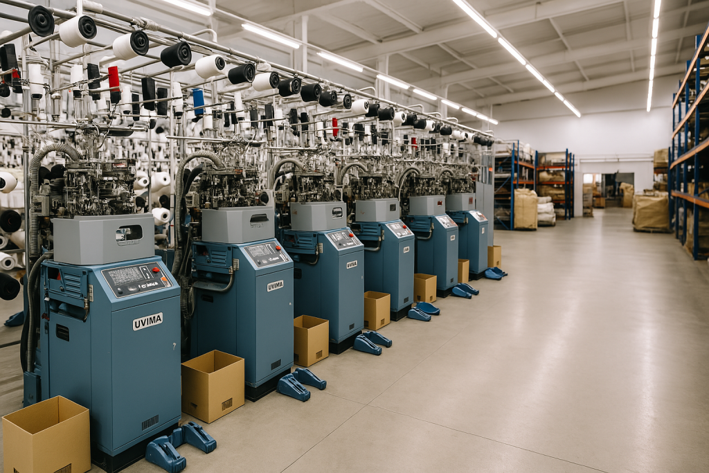 Máquinas de tejeduría de calcetines en fábrica de Pradoluengo, Burgos.